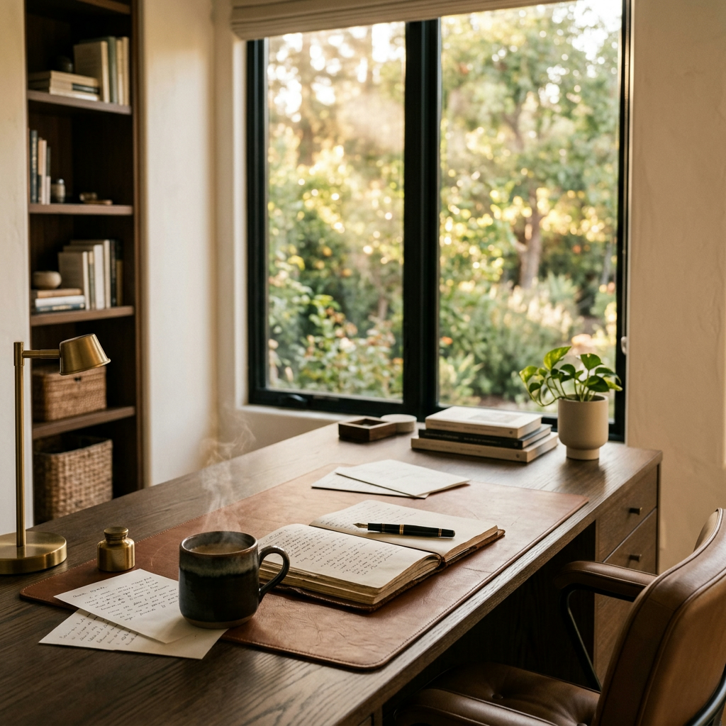 Leather desk blotter on a stylish workspace UK 2026.