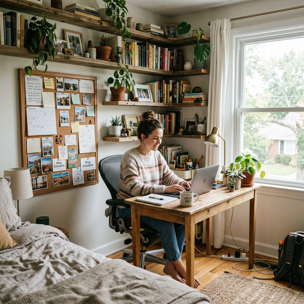 Budget home office setup with monitor, laptop, and desk accessories.