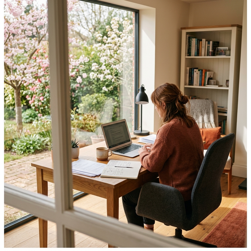 Home office tax relief UK 2026 guide - desk setup with laptop & plant.