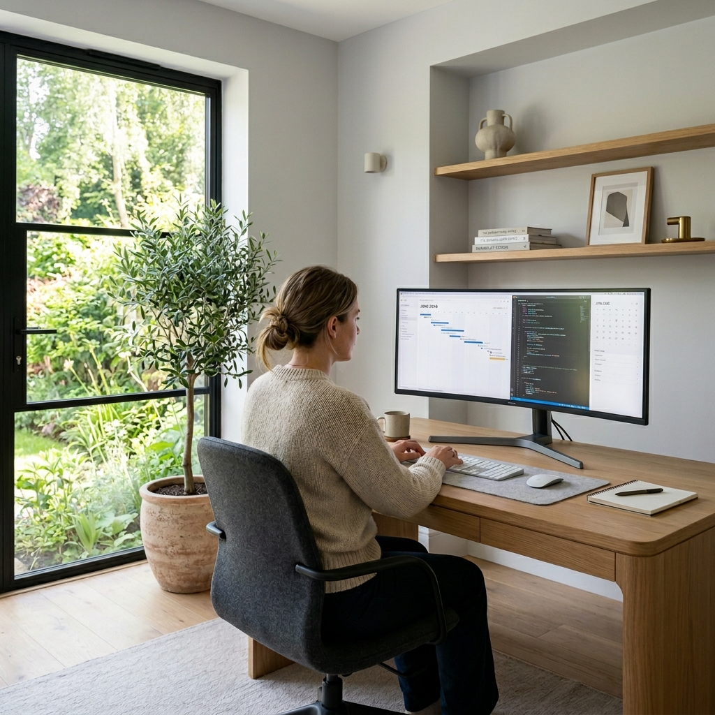Minimalist home office setup with desk, plant, and neutral decor. 2026 design trends.