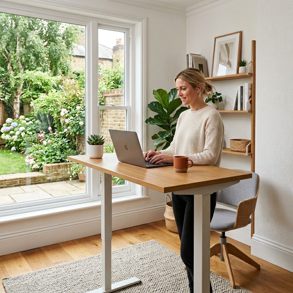 Standing desk with built-in power sockets UK 2026 guide. Ergonomic office setup.
