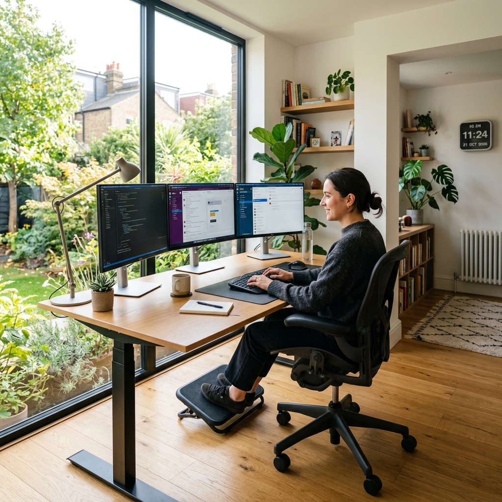 Standing desk with three monitors UK 2026 guide for improved productivity.