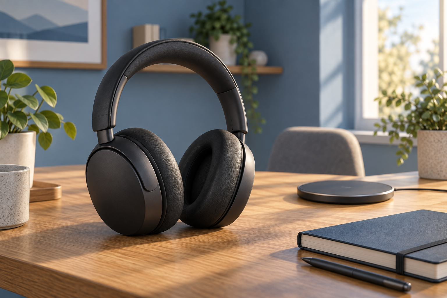Generic over-ear headphones without a microphone boom beside a desk charging pad