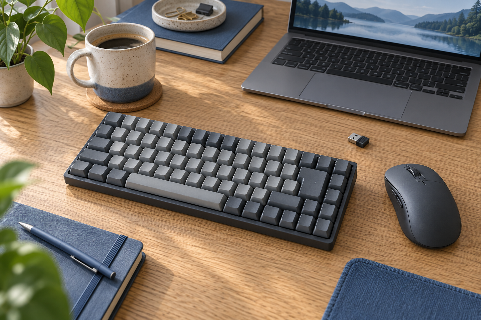 Generic compact mechanical keyboard on an oak desk with a mouse