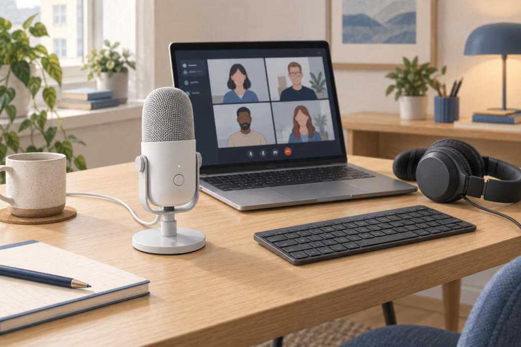 Generic white USB microphone beside a laptop, keyboard and headphones