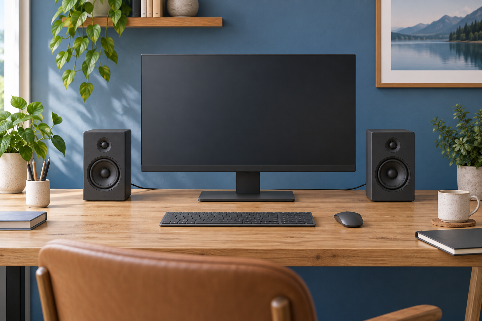 Generic desktop speaker pair positioned on either side of a monitor