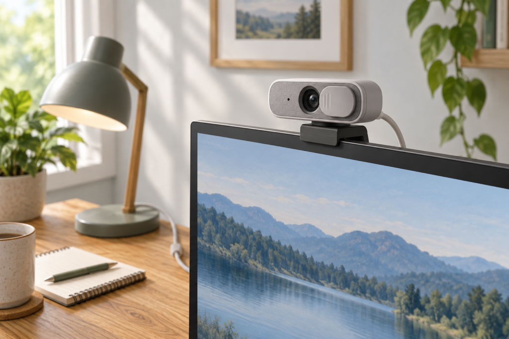 Generic monitor-mounted webcam above a desk with a notebook and lamp