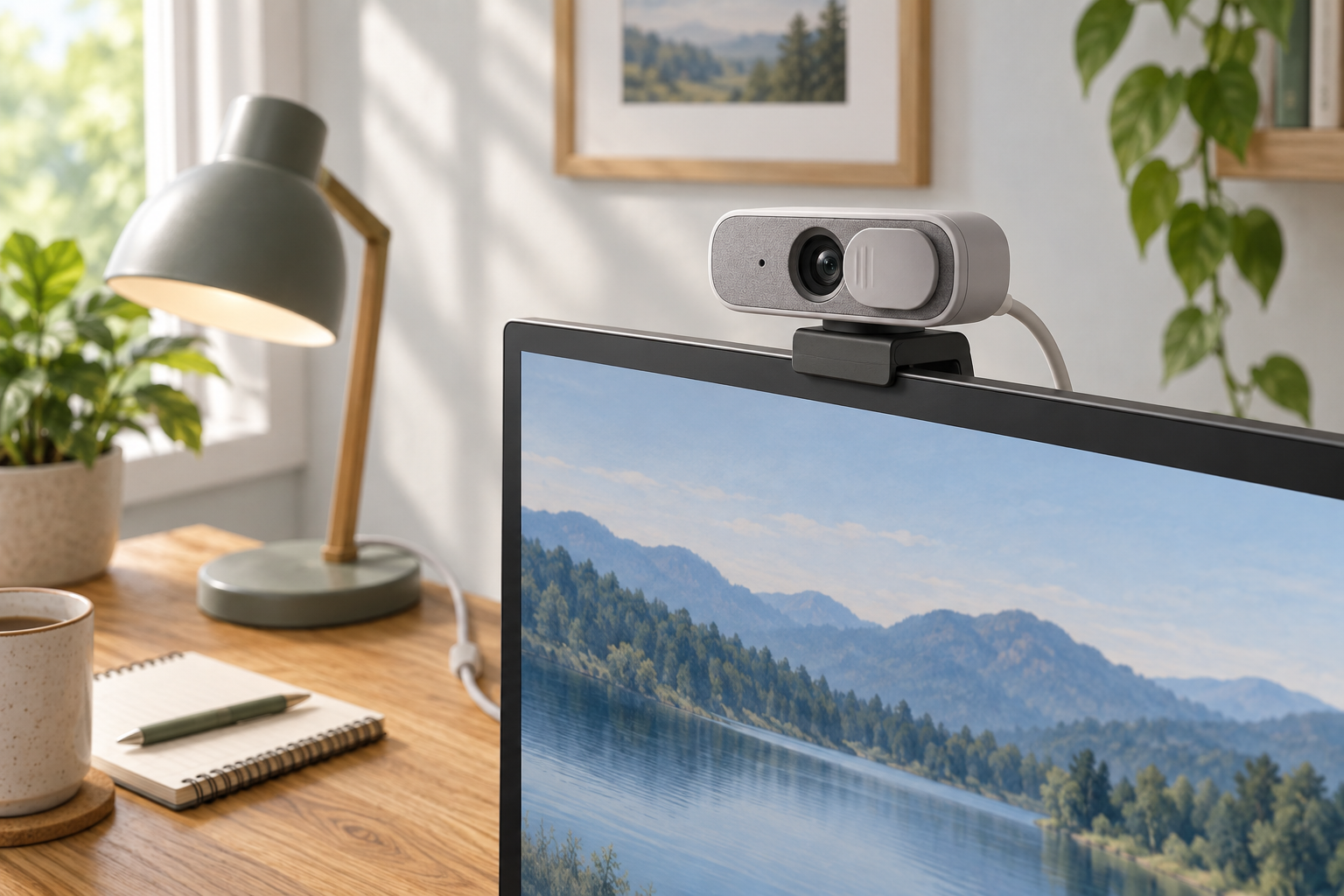 Generic monitor-mounted webcam above a desk with a notebook and lamp