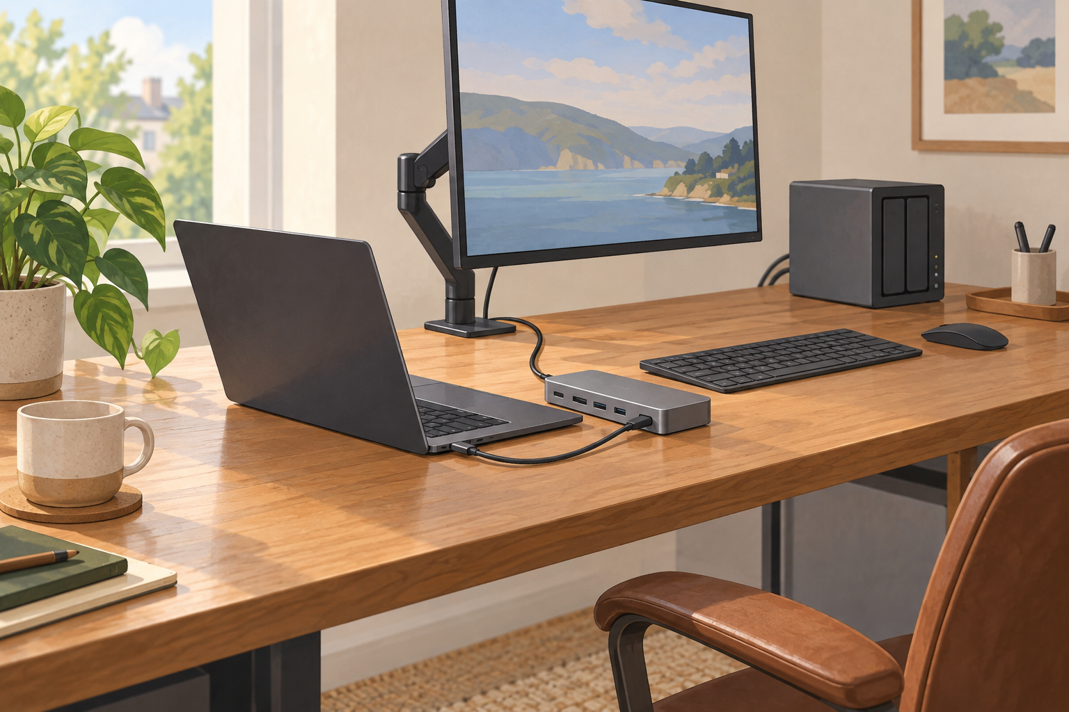 Illustration of a laptop connected to a docking station beside a monitor and network storage enclosure