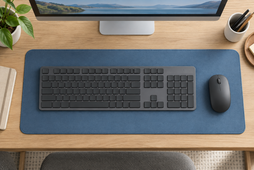 Generic full-size slim keyboard with a separate number pad and a mouse on an oak desk