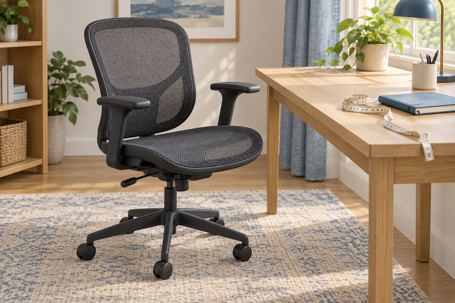 Generic mesh task chair without a headrest beside a desk and measuring tape