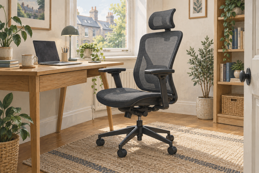 Illustration of a mesh office chair with adjustable arms and headrest beside a wooden desk