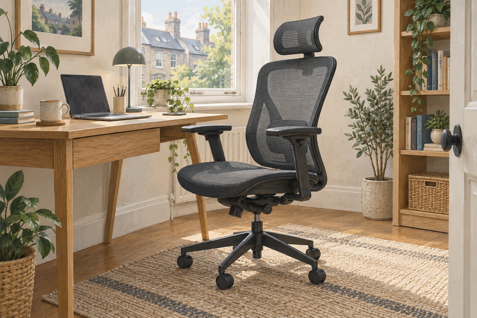 Generic mesh office chair with a headrest beside a light wooden desk