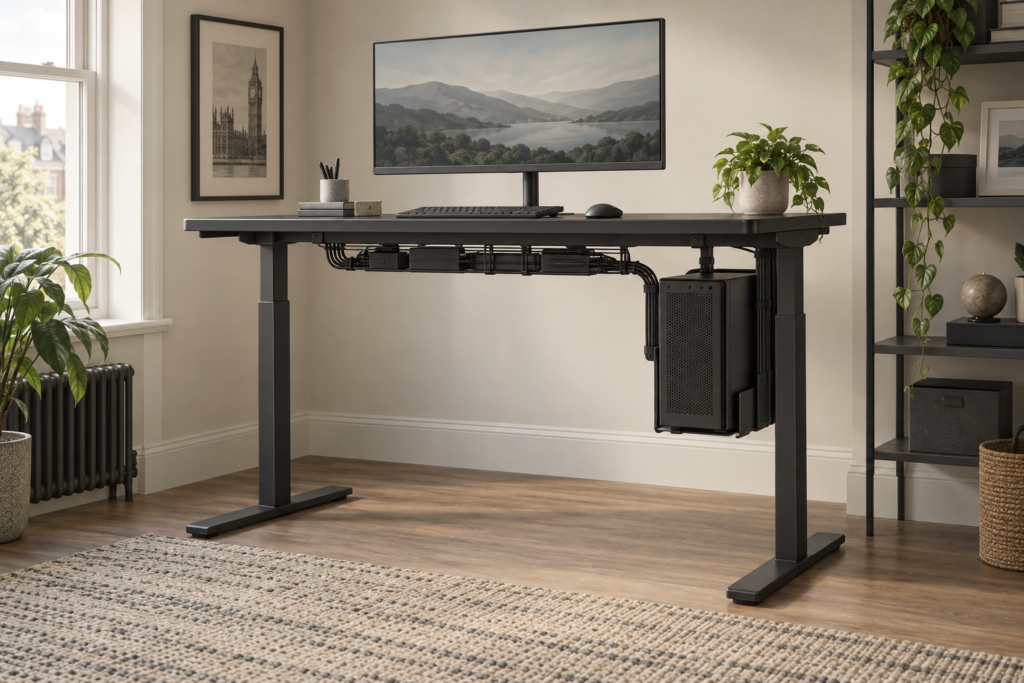 Illustration of a dark standing desk with a PC mounted underneath and a cable tray