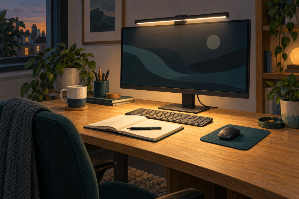 Illustration of a monitor-mounted light bar illuminating a notebook and keyboard