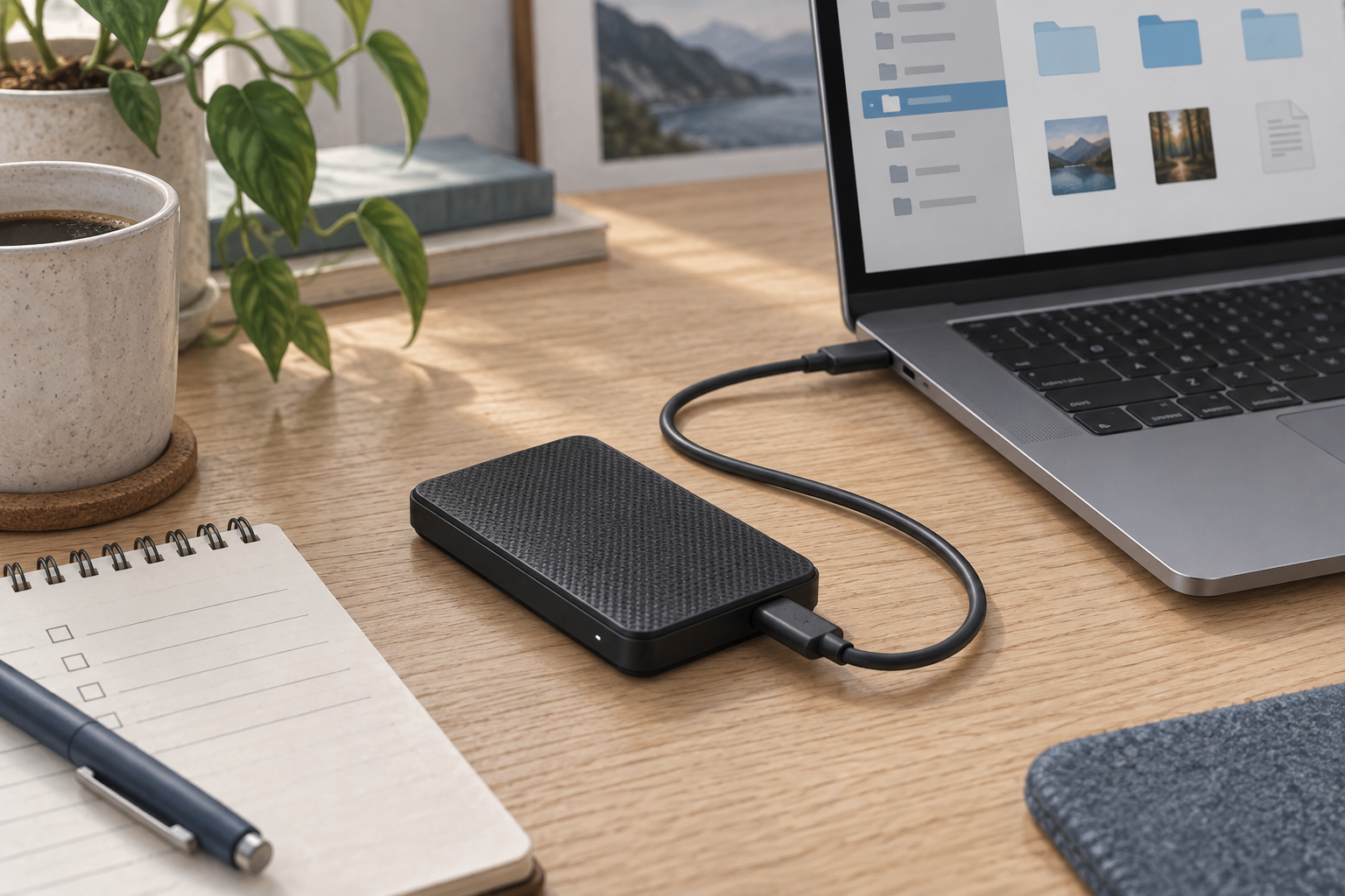 Generic portable black SSD connected by USB-C to a laptop on an oak desk