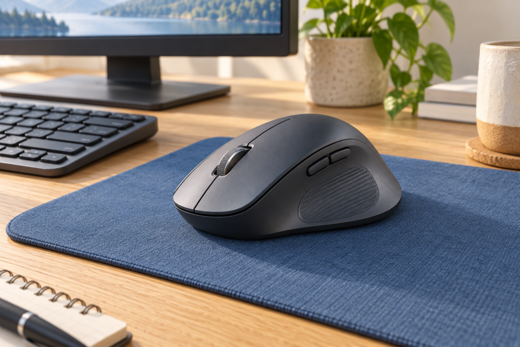 Generic sculpted wireless mouse with thumb buttons on a blue desk mat