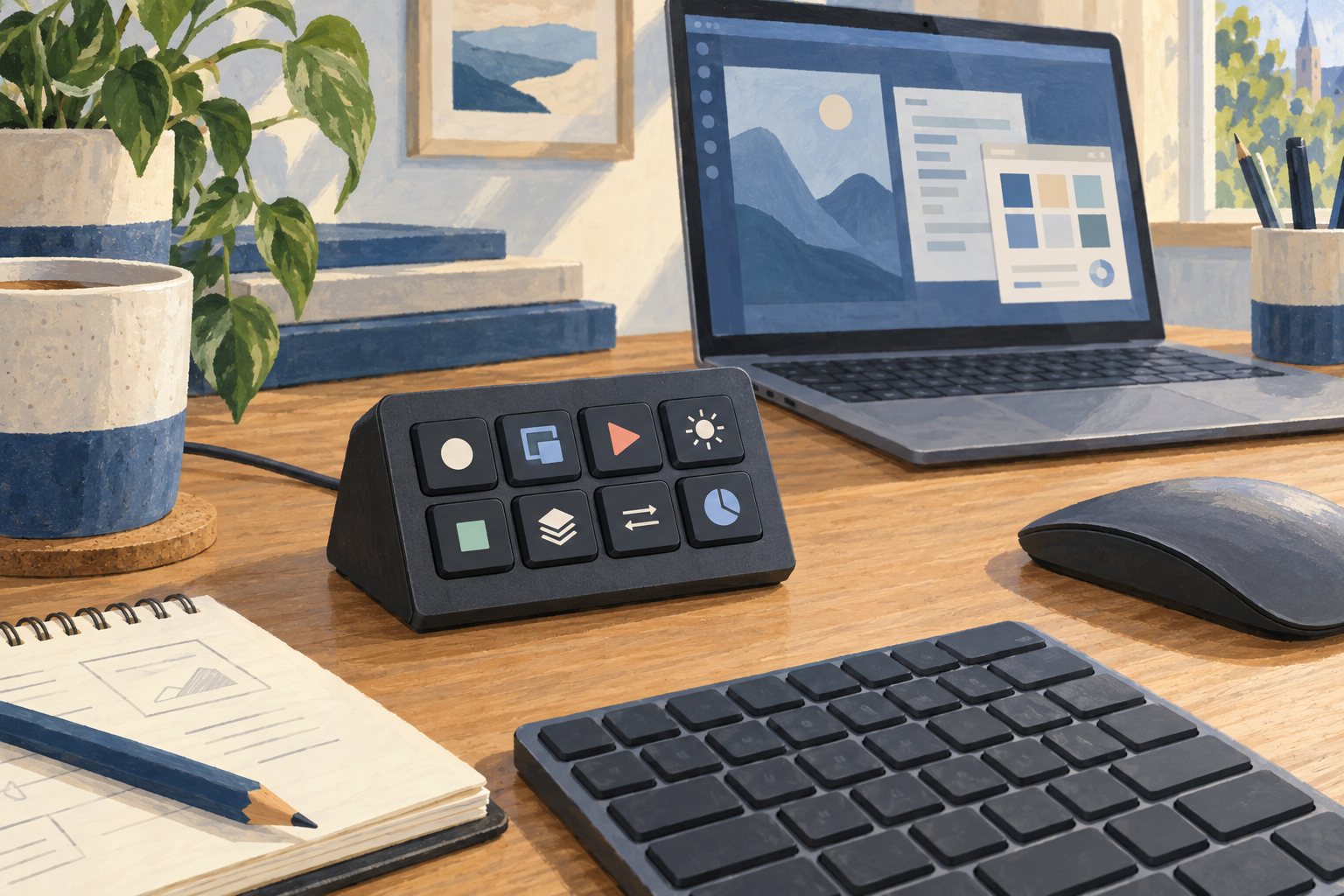 Illustration of a small eight-button shortcut controller beside a keyboard and laptop