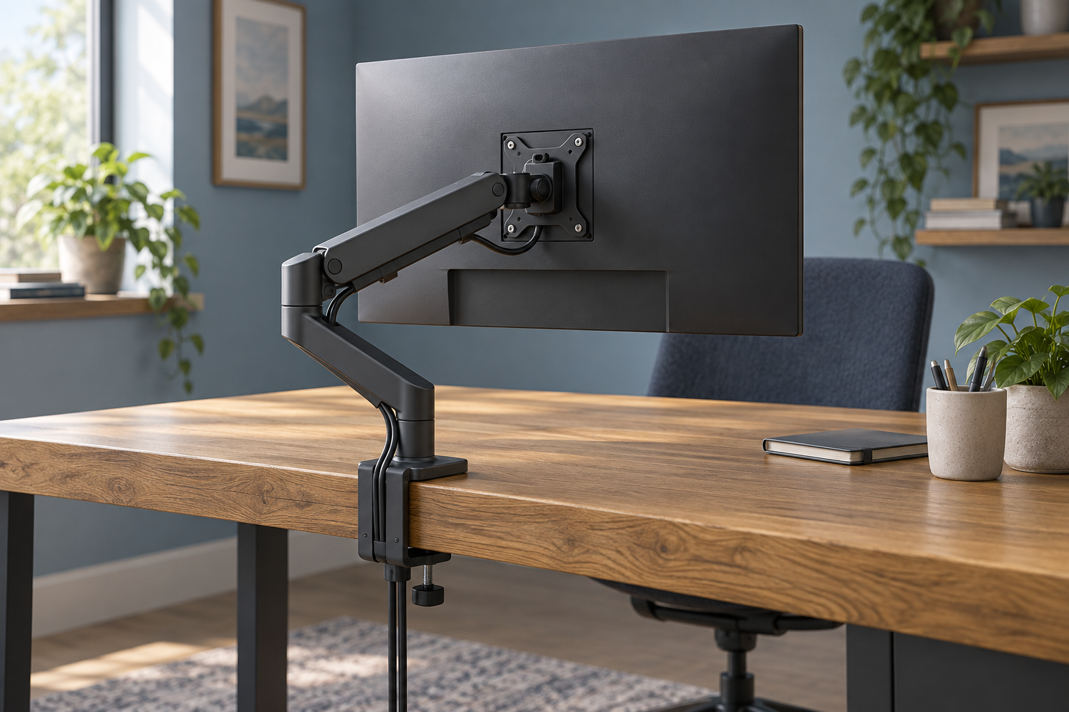 Generic single monitor arm with visible joints and a rear desk clamp