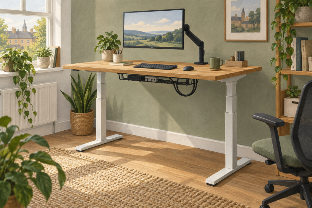 Illustration of an electric standing desk with an oak desktop and a cable tray