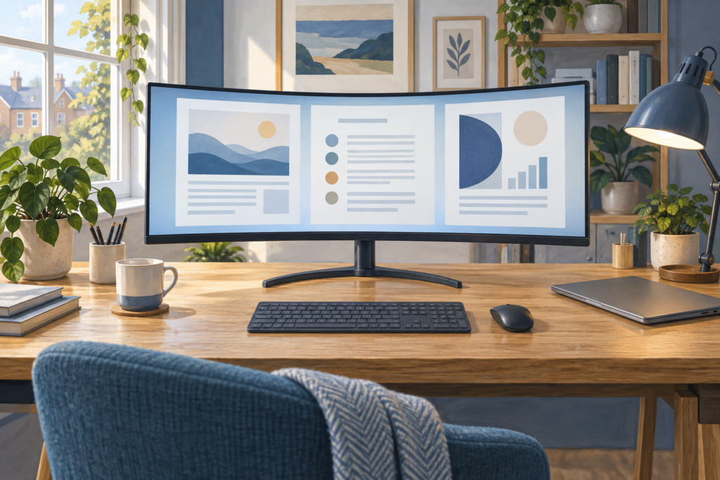 Illustration of a curved ultrawide display centred above a keyboard on a wooden desk