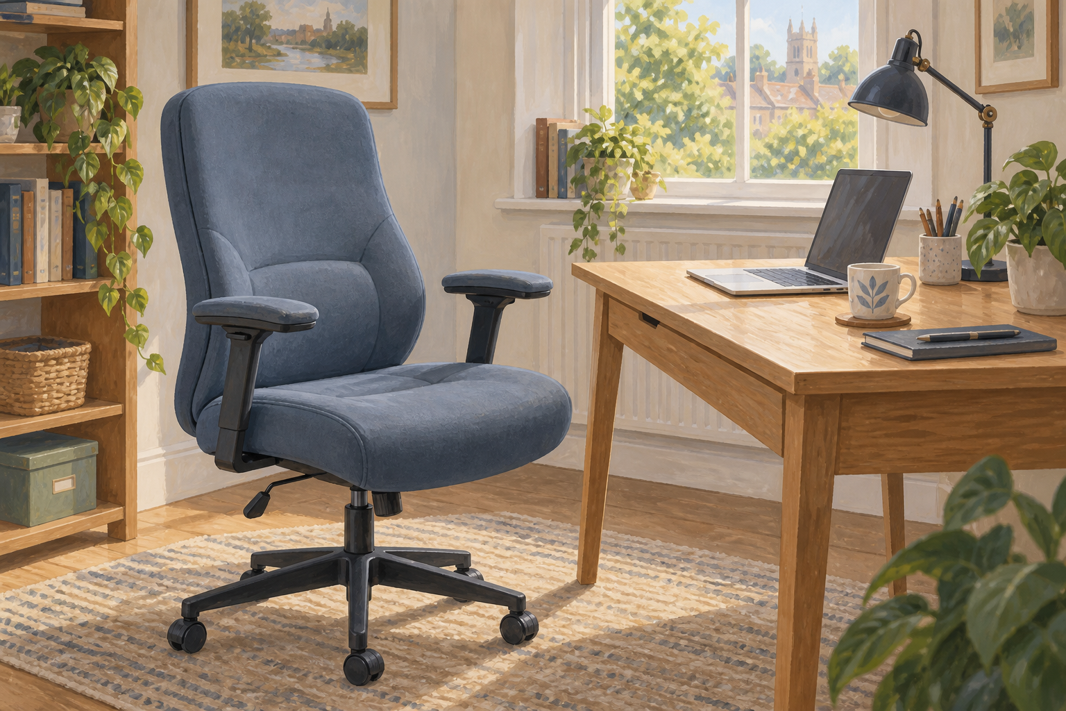 Illustration of a padded blue office chair beside a wooden laptop desk