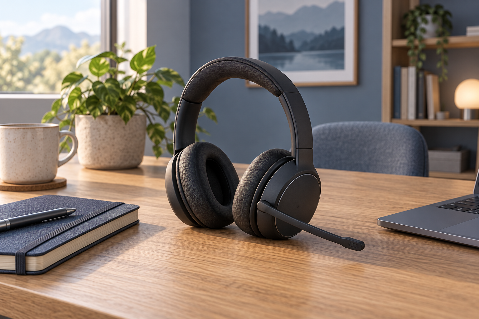 Generic wireless office headset with a slim microphone boom on a wooden desk